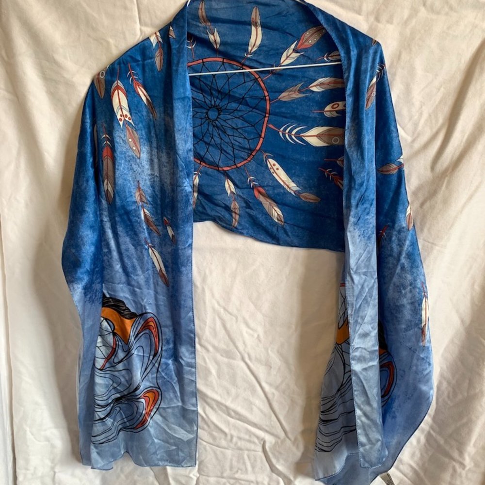 Silk Indigenous long scarf, feathers and dream-catchers, 4x2, Escardo